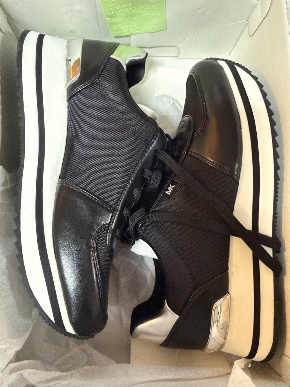 Michael Kors Black and White Platform Sneakers with Silver Heel Accent